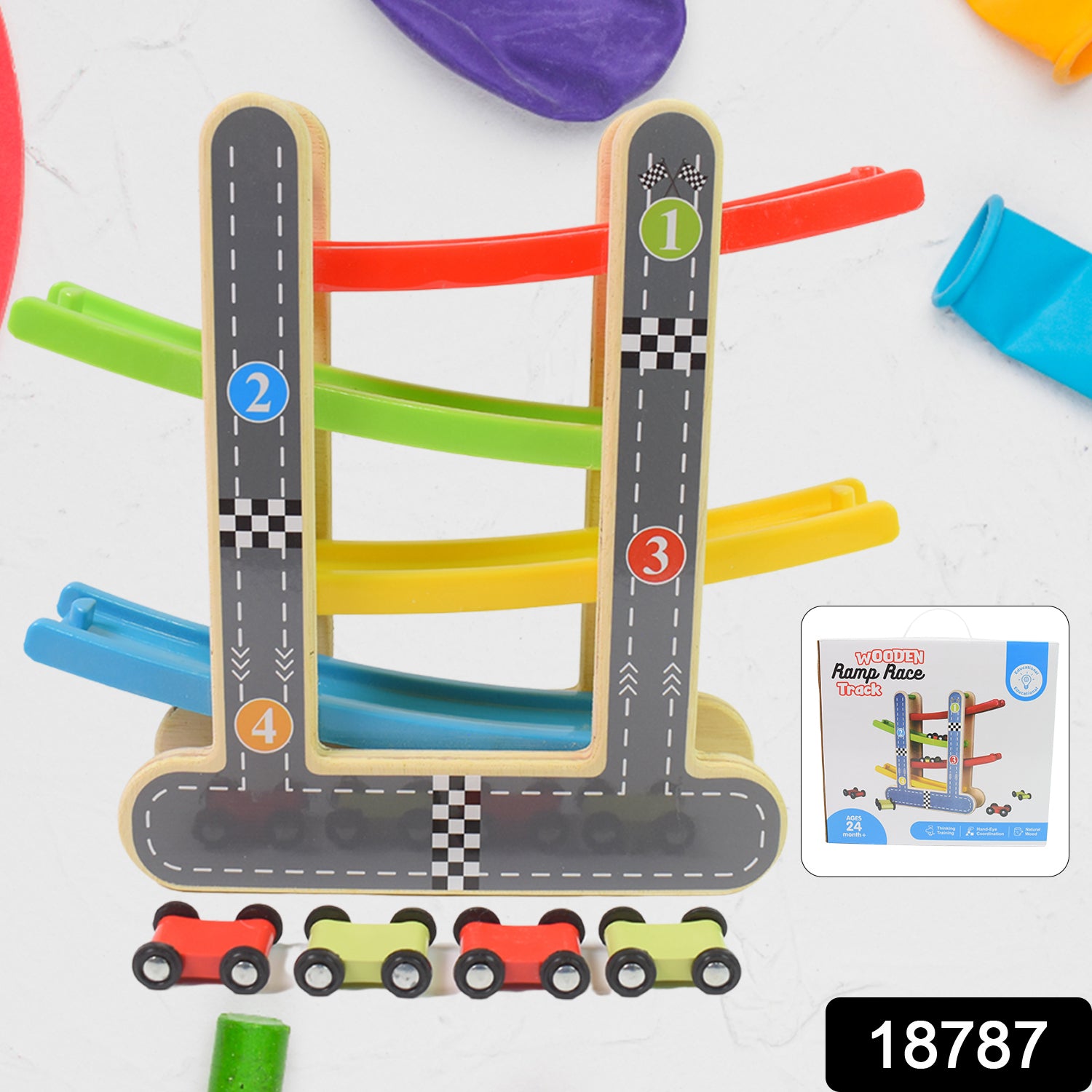 Car Racer Track Play Set Wooden Click Clack Toys With 4 Mini Racers (1 Set) Car Racer Track Play Set Wooden Click Clack Toys With 4 Mini Racers (1 Set)